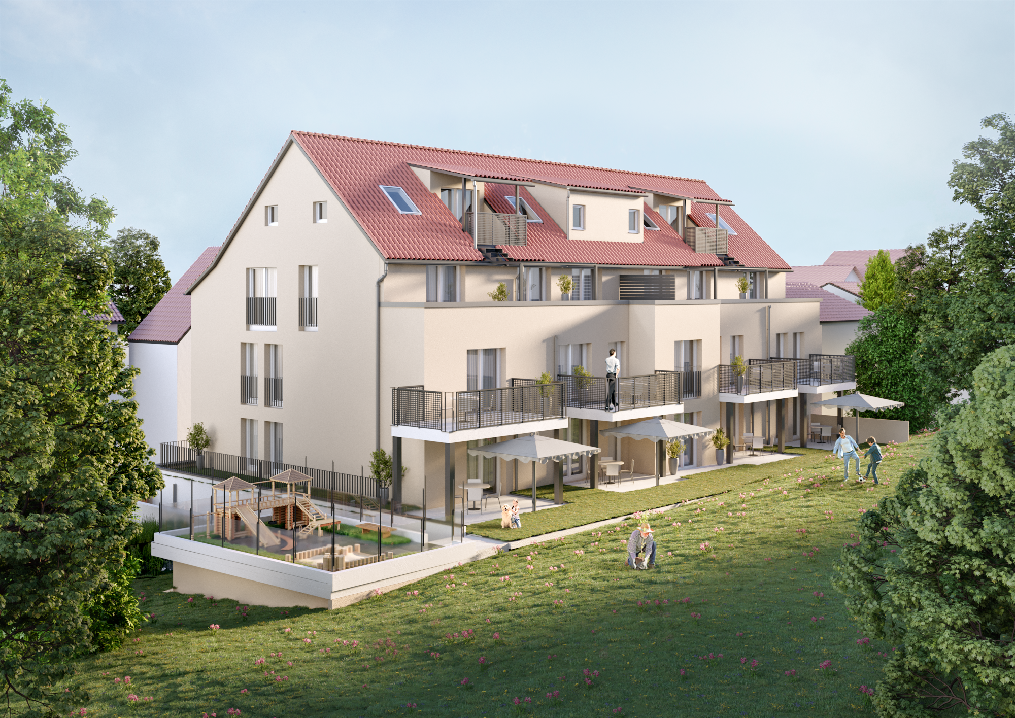 Visualisierung der Gartenseite des Neubauprojekts Lange Straße 13 in Nürtingen-Neckarhausen