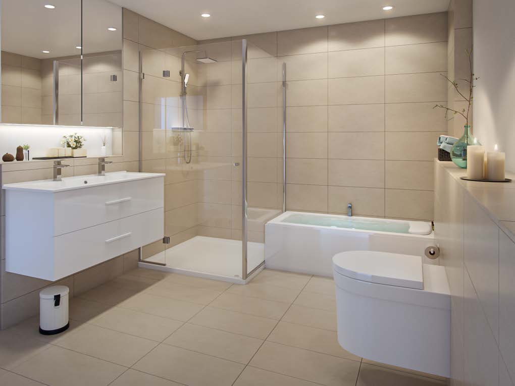 Modernes Bad mit Dusche, Badewanne und großformatigen Fliesen